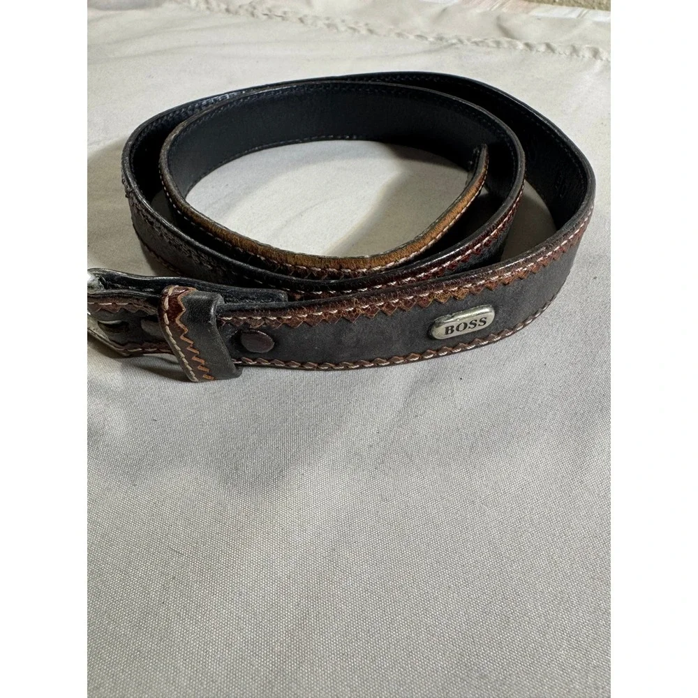 Hugo Boss Mens Leather Belt Size 90 Black Brown Contrast Stitch Logo Plaque